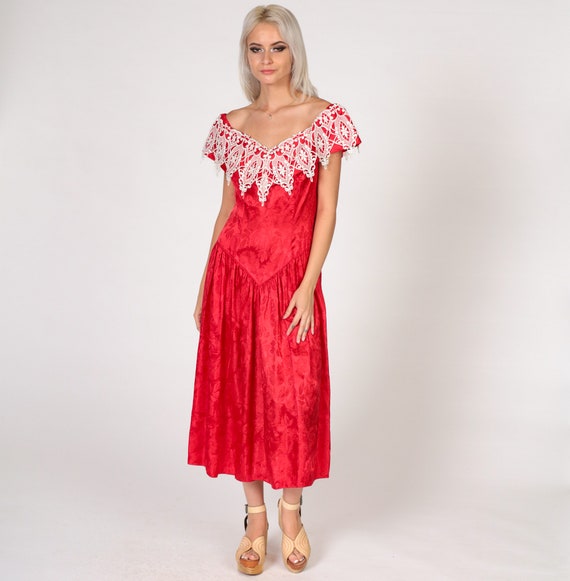 80s Party Dress Red Floral Embossed Dress Prom White Lace Off Shoulder Basque Waist Full Skirt Formal Vintage 1980s Going Out Medium