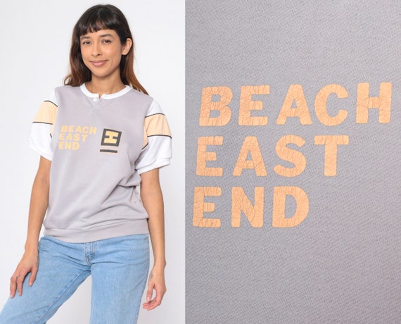 90s Graphic Shirt Beach East End Grey Slouchy Shirt Henley Neck Surfer Short Sleeve T Shirt 1990s Vintage Retro Striped Peach White Medium