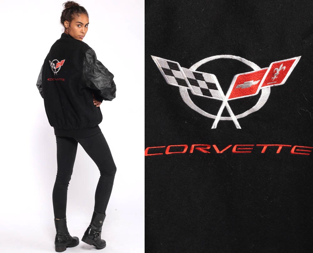 Mens Corvette Varsity Letterman Black and Red Wool Bomber Jacket