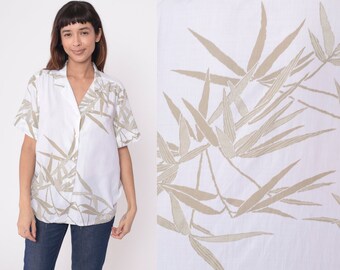 Tropical Leaf Shirt 90s White Abstract Bamboo Blouse Button Up Vintage Surfer Vacation Short Sleeve Retro Top 1990s Taupe Extra Large xl