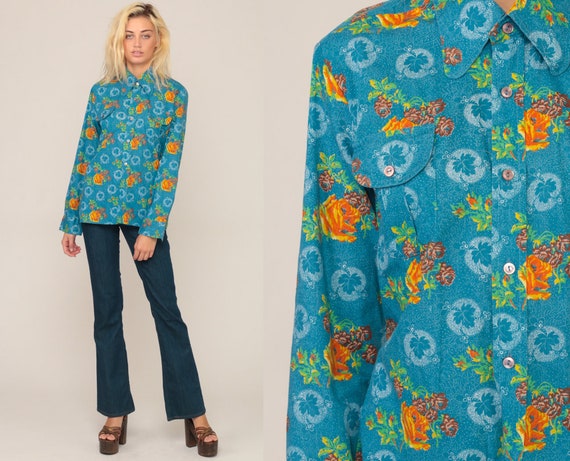 Button Up Shirt Floral Blouse 70s Boho Top Rose Shirt Button Up Shirt Bohemian Long Sleeve 1970s Vintage Hippie Collar Blue Medium