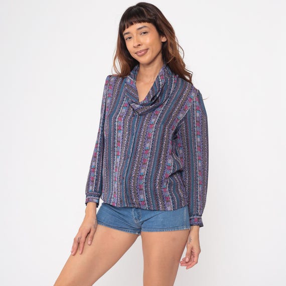 Boho Cowl Neck 70s Floral Striped Blouse Purple Blue Pink Turquoise Flowy Top Long Sleeve Hippie Festival Vintage Retro Shirt Medium M