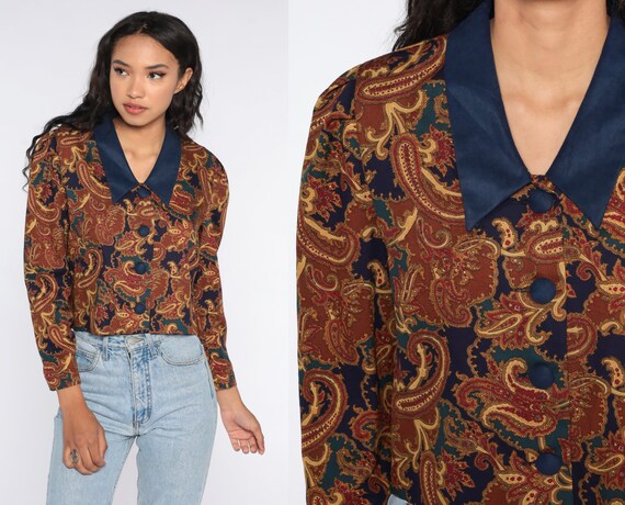 Paisley Shirt 80s Puff Sleeve Blouse 