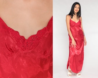 Red Satin Nightgown Slip Dress Embossed Maxi Lingerie Vintage 90s Nightgown High Side Slit Spaghetti Strap Chemise 1990s Medium