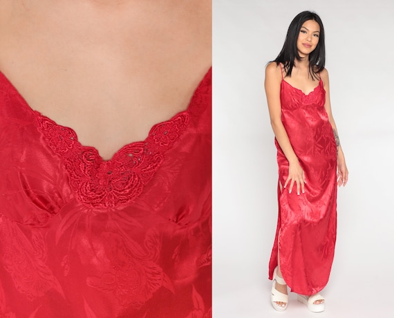 Red Satin Nightgown Slip Dress Embossed Maxi Lingerie Vintage 90s Nightgown High Side Slit Spaghetti Strap Chemise 1990s Medium