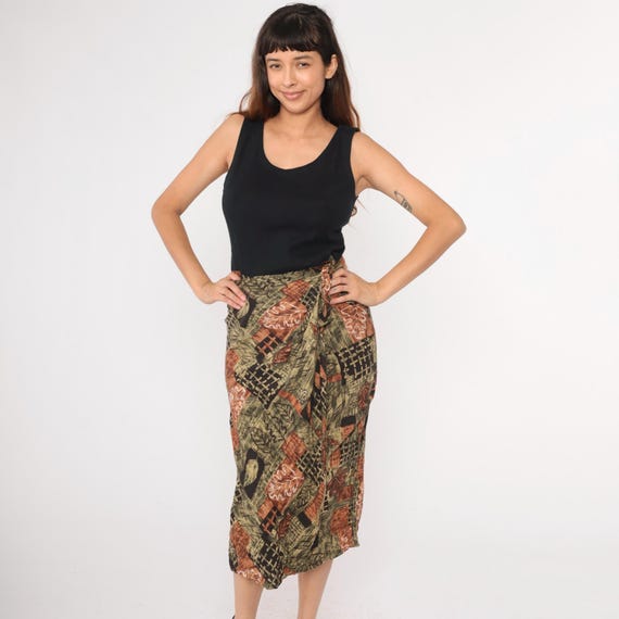 90s Leaf Print Dress Black Botanical Midi Sundress High Waist Faux Wrap Skirt Hippie Sleeveless Sheath Vintage 1990s Orange Summer Medium 8