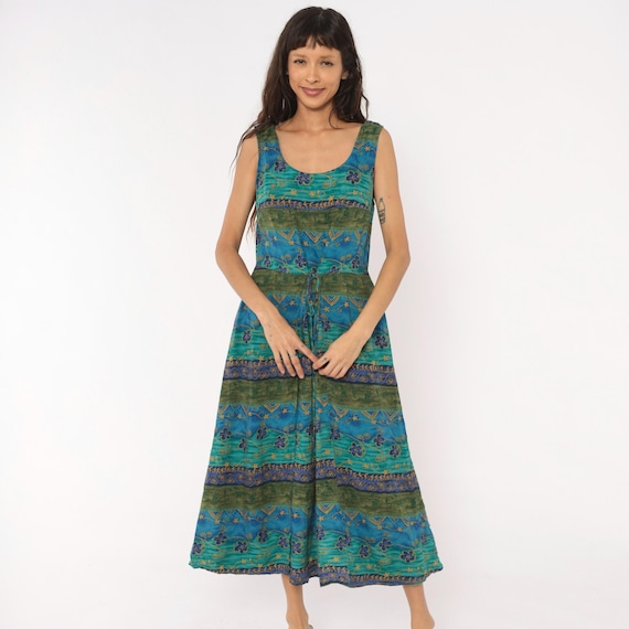 90s Tribal Floral Sundress Teal Blue Green Gold Ethnic Stripe Tie Waist Sleeveless Tank  Summer Hippie Bohemian Vintage Dress Medium M