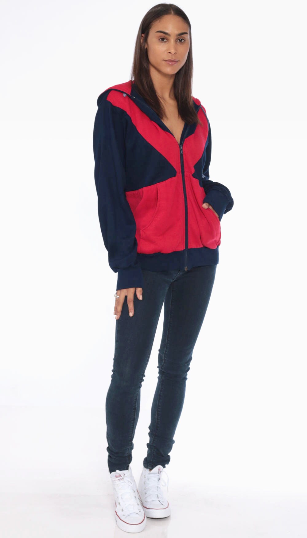 80s Hooded Zip Up Sweatshirt -- 1990s Hoodie Track Jacket Sweatshirt Red Color Block Sweatshirt 