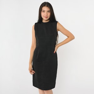 60s Black Mod Sheath Dress Plain Ribbed Knee Length Cocktail Dress Vintage Sleeveless 1960s Classic Gothic Formal retro Extra Small xs