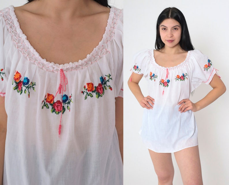 Chemisier mexicain blanc des années 80 brodé floral haut paysan hippie tunique gaze de coton manches bouffantes Boho floral tente chemise vintage moyen M image 1