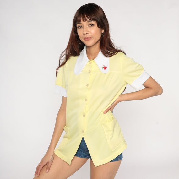70s Yellow Blouse Dog Ear Collar Shirt Button Up Top Embroidered Heart Flower Retro Preppy Pastel Puff Sleeve Seventies Vintage 1970s Medium