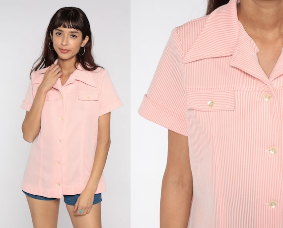 70s Striped Button Up Shirt Baby Pink Pinstripe Disco Shirt 1970s Mod Shirt Dagger Collar Vintage Candy Stripe Short Sleeve Retro Large L