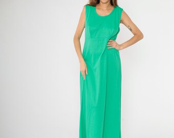 Vintage Green Maxi Dress 70s Disco Gown Retro Party Dress Long Sleeveless High Waisted Boho Hippie Seventies Formal Cocktail 1970s Large L