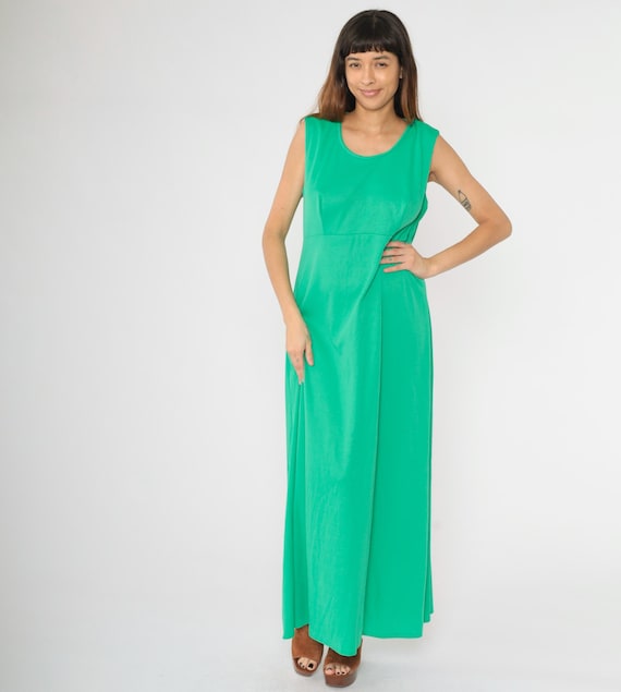 Vintage Green Maxi Dress 70s Disco Gown Retro Party Dress Long Sleeveless High Waisted Boho Hippie Seventies Formal Cocktail 1970s Large L