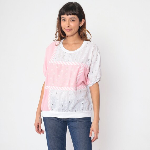 Eyelet Shirt 90s White Pink Color Block Patchwork Top Striped Swirl Print Cutout Short Sleeve Shirt Banded Hem Vintage 1990s Extra Large xl