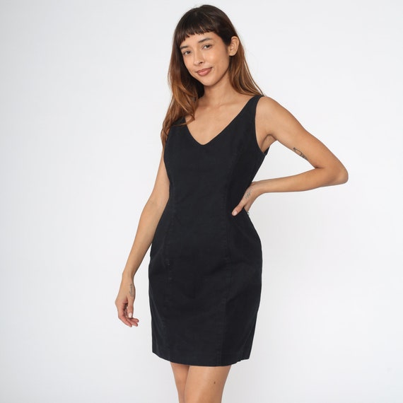 Black Mini Dress Nine West Sheath Dress Y2K Cotton V Neck Sleeveless Dress Princess Seam Vintage 00s Going Out Plain Minimalist Medium 8