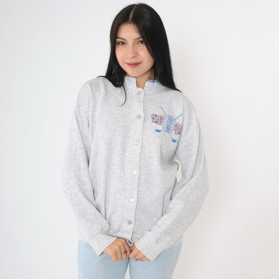 Vintage Morning Sun Golf Sweatshirt 90s Gray Button Up Cardigan Sports Theme Floral Plaid Graphic 1990s Country Club Cozy Medium M