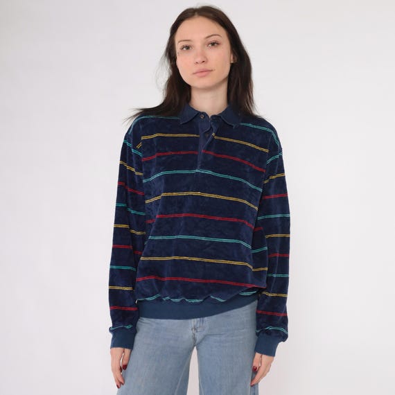 80s Striped Velour Sweatshirt Navy Blue Button Up Polo Shirt Striped Sweater Long Sleeve Shirt 1980s Retro Top Nerd Geek Medium Large