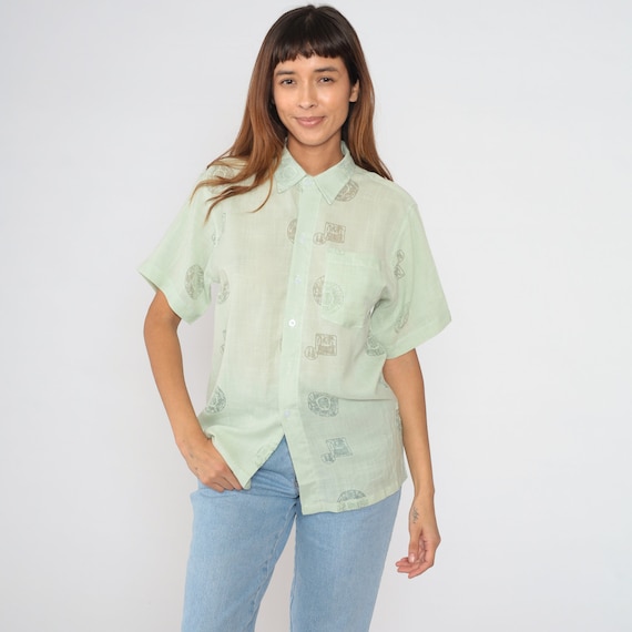 90s Quiksilver Shirt Surfer Top Semi-Sheer Green Button up Shirt Asian Inspired Medallion Print Short Sleeve Collared Vintage 1990s Large L