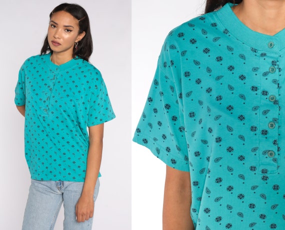 Turquoise Paisley Shirt 90s Henley Shirt Sneakers Tshirt Short Sleeve Shirt 80s Tshirt 1980s Retro Tee Vintage Large xl l