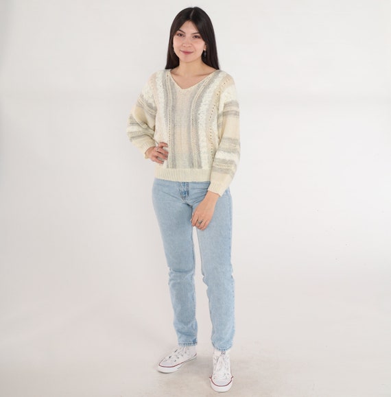 Open Weave Sweater 80s Cream Striped Knit Dolman … - image 3