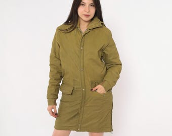 60s Olive Parka Jacket Army Green Hooded Zip Front Snap Military Field Coat Ribbed Cuff Long Utility Gorpcore Outdoor Khaki Vintage Small S