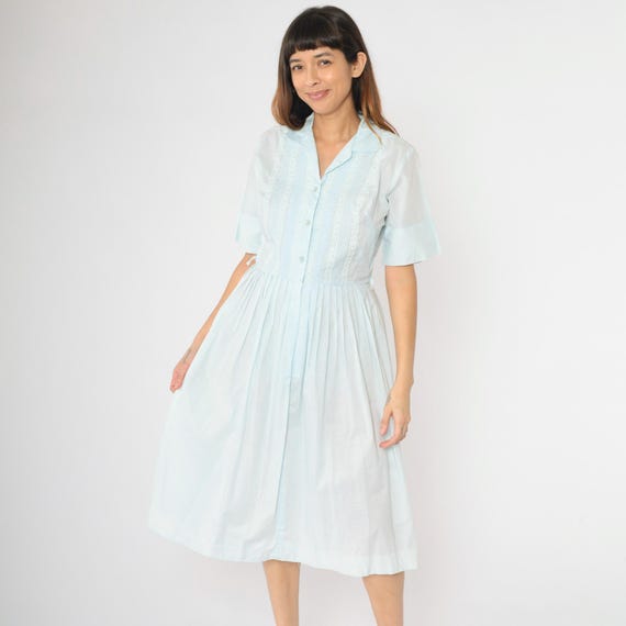 Vintage 60s Day Dress Baby Blue Pleated Lace Trim Shirtdress 1960s Pintuck Midi Mad Men Button Up Shirtwaist Semi-Sheer High Waist Medium 8