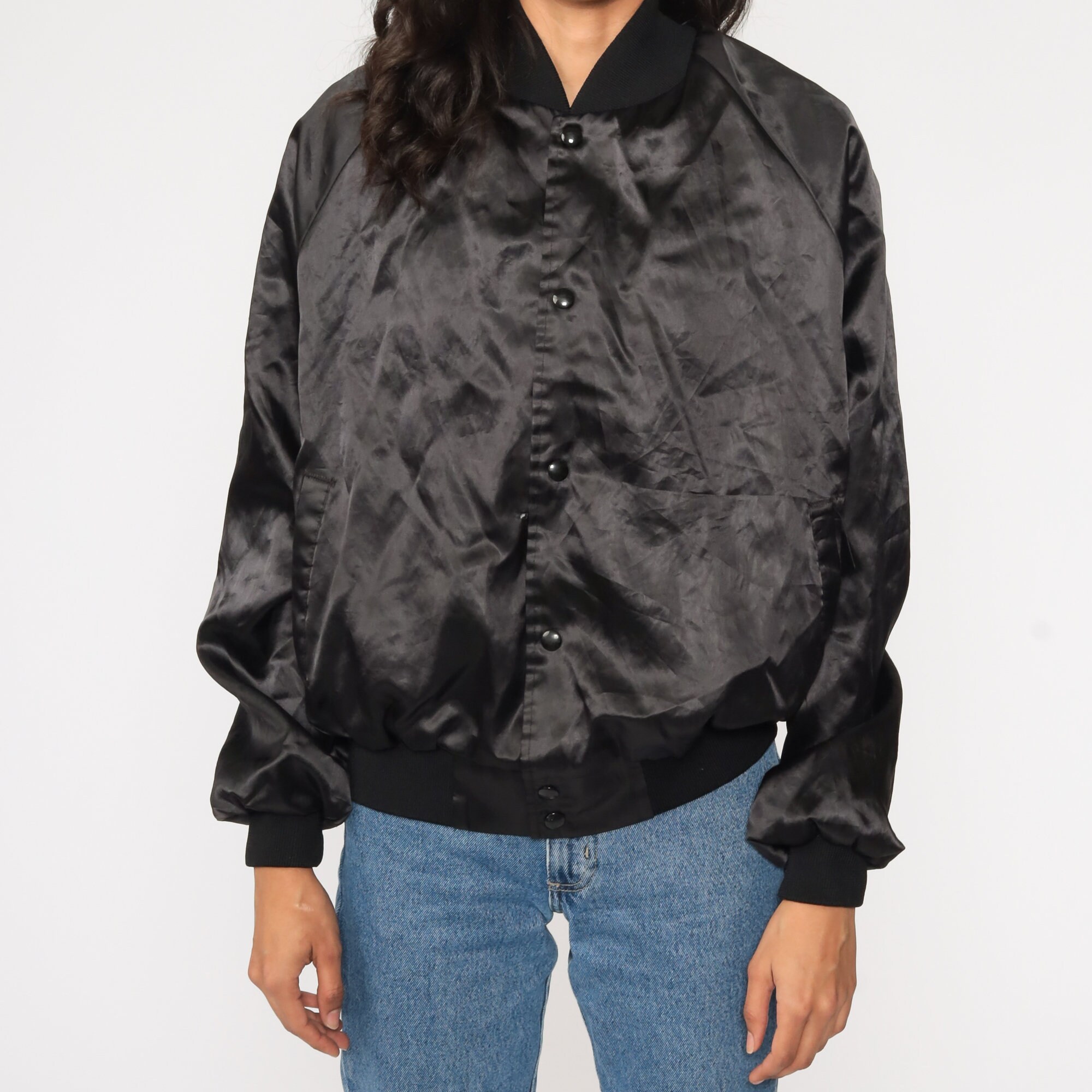 Johnny Cash Jacket Stadium Satin Bomber Jacket 80s Black Band Tour Jacket Embroidered Jacket 1980s Vintage Snap Up Large