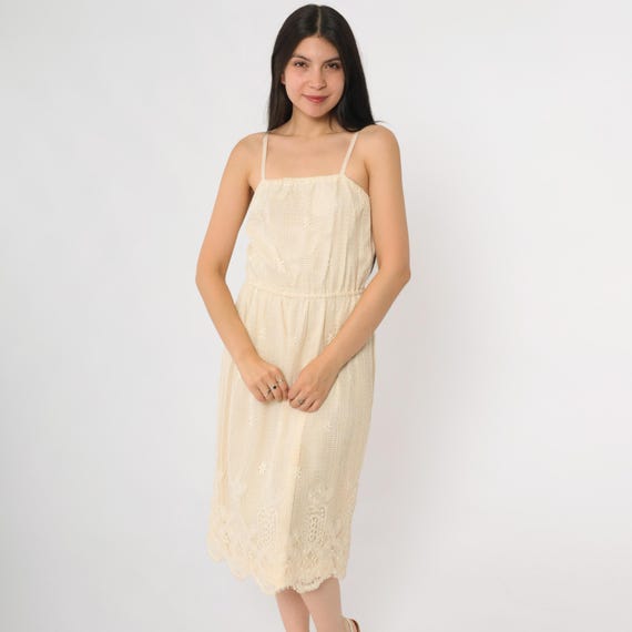 Crochet Lace Dress 70s Cream Spaghetti Strap Midi Length Floral Open Weave Bohemian Summer Festival Garden Party Medium M