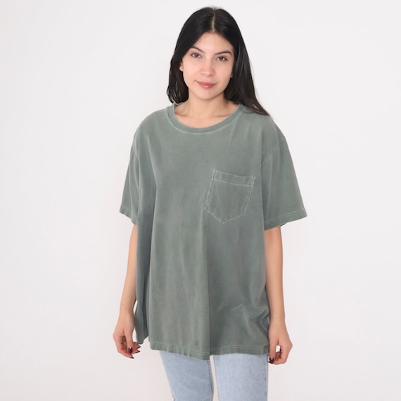 Green Pocket Tee Y2k Plain T-Shirt Basic Shirt Short Sleeve Crewneck Solid TShirt Olive Grey Top Retro Cotton Vintage 00s Extra Large xl
