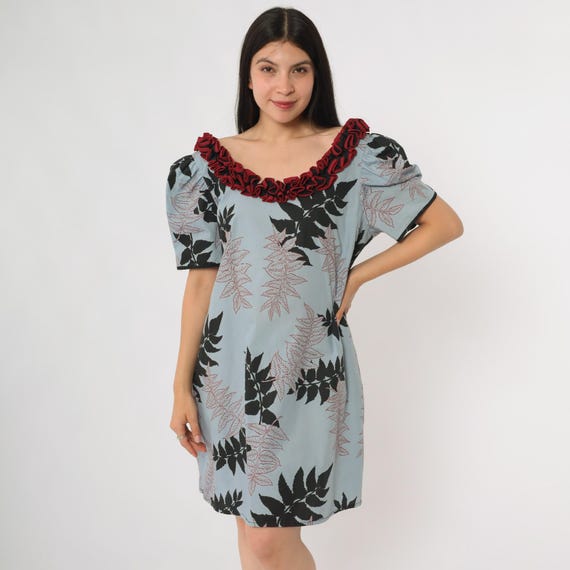80s Hawaiian Mini Dress Vintage Blue Leaf Print Red Ruffle Neck Puff Sleeve Garden Party Tropical Summer Vacation Extra Small XS