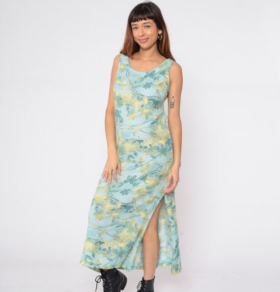 Seafoam Floral Dress 90s Side Slit Maxi Dress Ret… - image 3