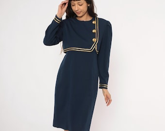 navy blue blouson dress Navy Blue Cotton Linen V-Neck Knee Length Blouson Dress 30" / Petite (5'1" and below)
