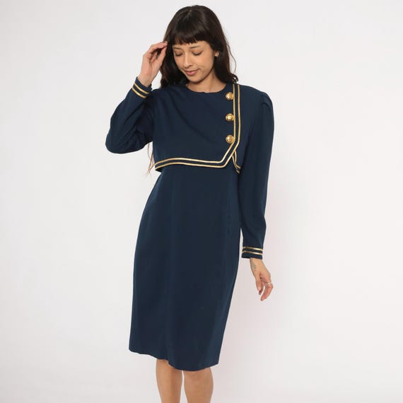 Military Gold Dress 80s Navy Blue Knee Length Power Shoulder Puff Sleeve Button Front Structured Uniform Fitted Sheath Long Sleeve Medium M