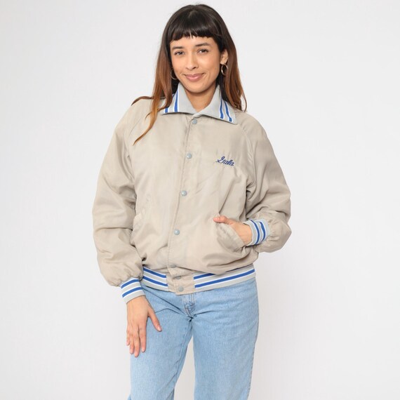 Vintage Veterinary Bomber Jacket 80s Butwin Beige Blue Varsity Snap Up Front Gala Embroidered Uniform 1980s USA Made Medium M