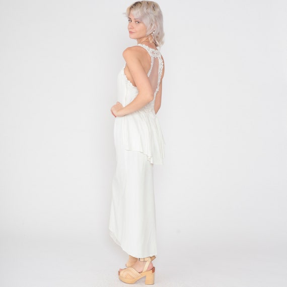 White Gown 80s Scott McClintock Maxi Dress Floral Lace Trim Open Back Peplum Bridal Elopement Simple Formal Evening Vintage 1980s Small S