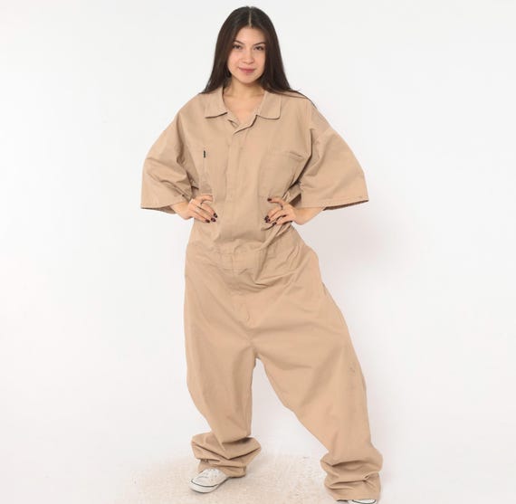 90s Kolossus Coveralls Tan Short Sleeve Jumpsuit Baggy Wide Leg Workwear Utility Boiler Suit Beige Cotton One Piece Mechanic Plus Size 3X