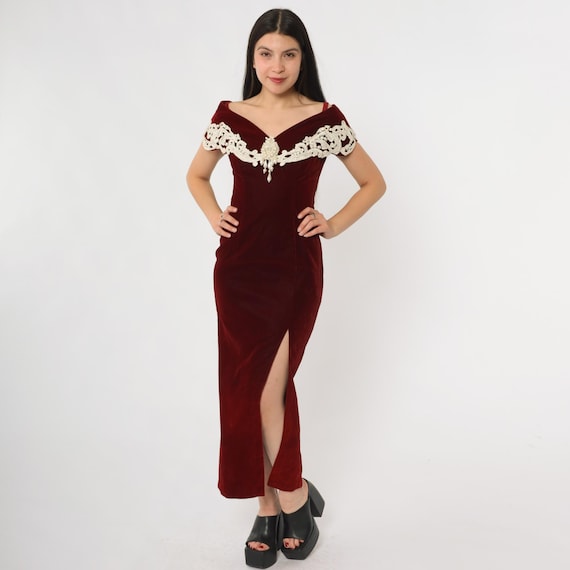Velvet Evening Gown 90s Red Burgundy Off Shoulder Dress Pearl Beaded Lace Trim Slit Front Maxi Length Formal Prom Party Vintage Small S
