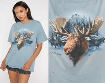 Alaska Moose Shirt Y2K Animal TShirt Blue Wildlife Shirt Vintage Retro Graphic Shirt Screen Print 00s t shirt Mountain Large