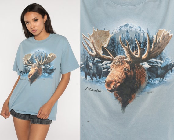 Alaska Moose Shirt Y2K Animal TShirt Blue Wildlife Shirt Vintage Retro Graphic Shirt Screen Print 00s t shirt Mountain Large