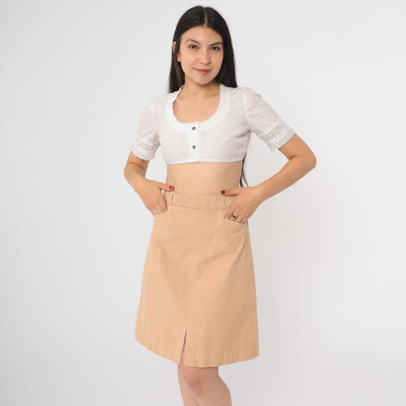 80s Corduroy Skirt Preppy Tan Beige A-Line High Waisted Academic Style Mini Front Slit Schoolgirl Vintage College Secretary Office Small S