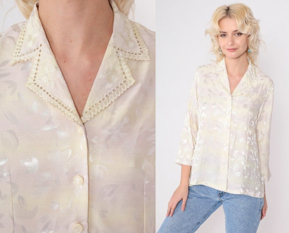 Embossed Floral Blouse 90s Ombre Striped Shirt Lavender Yellow Cutwork Collar Cut Out Long 3/4 Sleeve Shirt Button Up Top Vintage Medium
