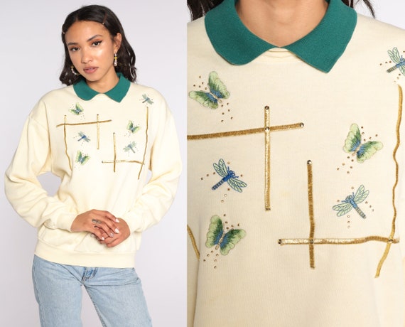 Collared BUTTERFLY Sweatshirt 90s Cream Dragonfly Sweatshirt Graphic Sweatshirt 1990s Sweater Vintage Shirt Medium