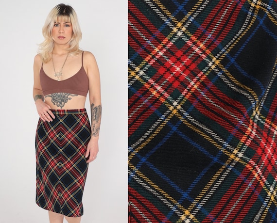 Wool Plaid Skirt 70s Tartan Skirt Midi Black Red School Girl High Waist Checkered Retro Vintage 1970s Lolita Small S