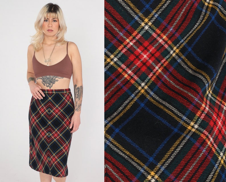 Wool Plaid Skirt 70s Tartan Skirt Midi Black Red School Girl High Waist Checkered Retro Vintage 1970s Lolita Small S image 1