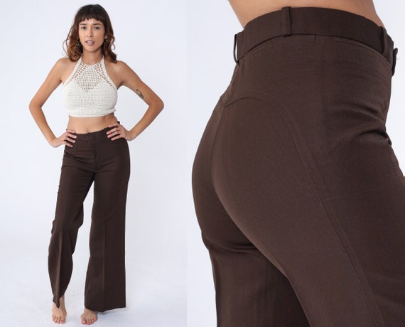 70s Bell Bottoms Saddleback Pants Brown Western Trousers High Waisted Rise Flared Creased Retro Preppy Plain Zeppelin Vintage 1970s Small