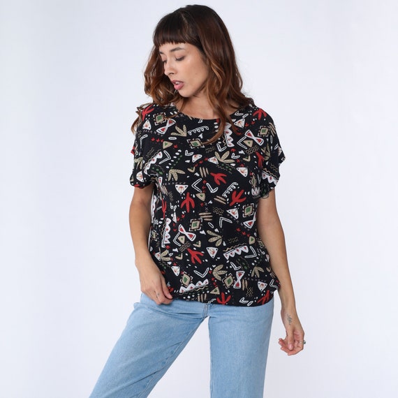 90s Cactus Shirt Black Geometric Southwest Saguaro Blouse Vintage Retro Tee All Over Print Desert Graphic AOP 1990s Southwestern Large 12