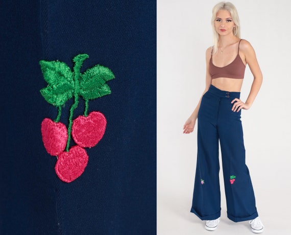 70s Bell Bottoms Pants -- Cherry Patch Boho Hippie Bellbottom Dark Blue Trousers High Waist 1970s Vintage Bohemian Trousers Extra Small xs 0