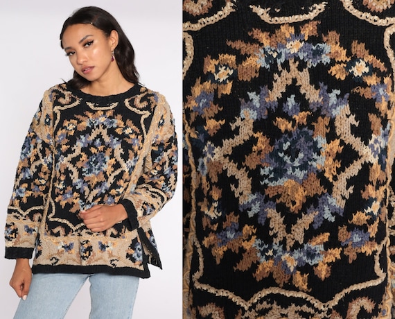 Black Floral Sweater 90s Boho Graphic Print Cotton Ramie Grunge Knit Slouchy 1990s Pullover Vintage Hipster Jumper Large