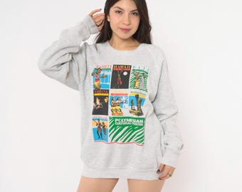 90s Polynesian Sweatshirt Grey Souvenir Graphic Hawaii Tahiti Fiji Cotton Pullover Raglan Sleeve Gray Travel Cultural Extra Large XL